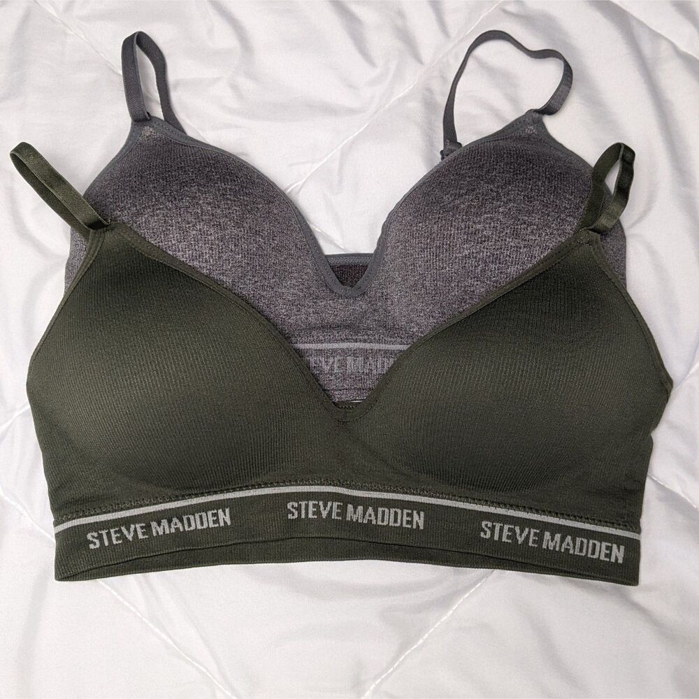 Steve Madden Ribbed Sports Bra Set of 2 Size L Olive Green Gray Pre-Owned